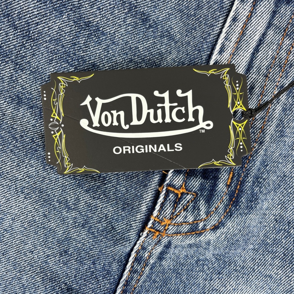 New Von Dutch Denim Shorts Men 34 Blue Originals Logo Patch Baggy Y2K Streetwear - Picture 7 of 14